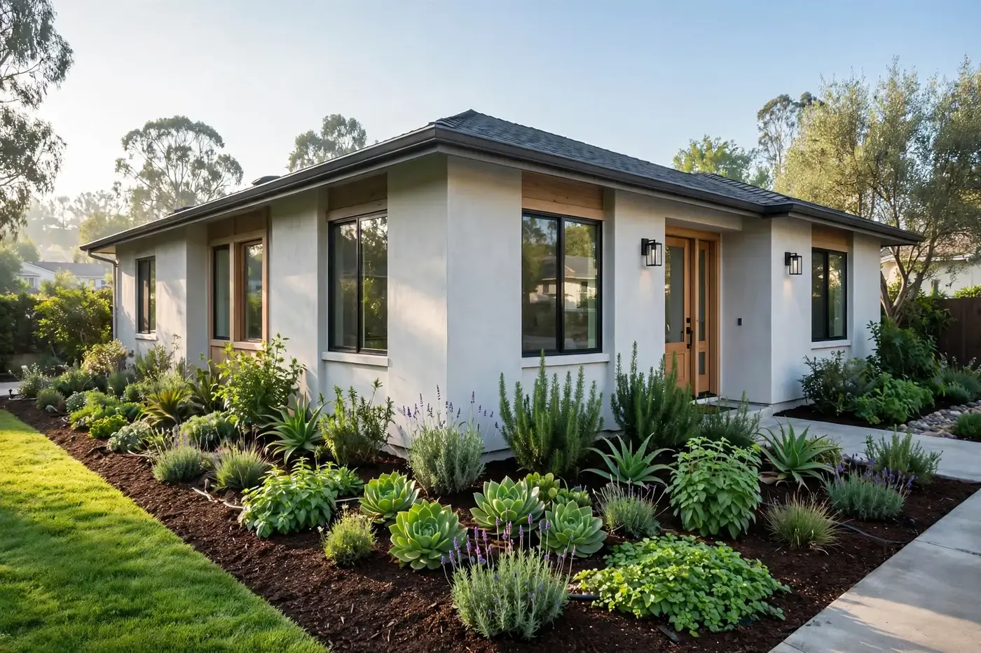 Clean, well-kept California home with a protected garden ring around its foundation
